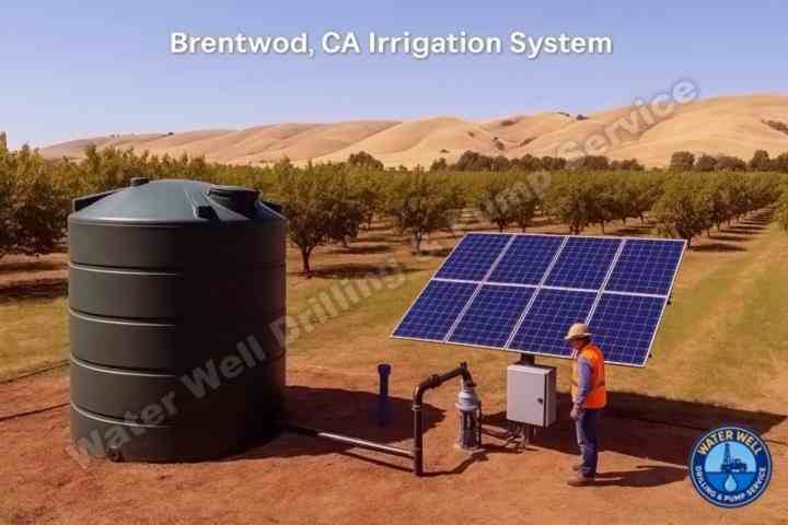 Solar-powered agricultural irrigation system with water storage tank for cherry orchard in Brentwood, CA