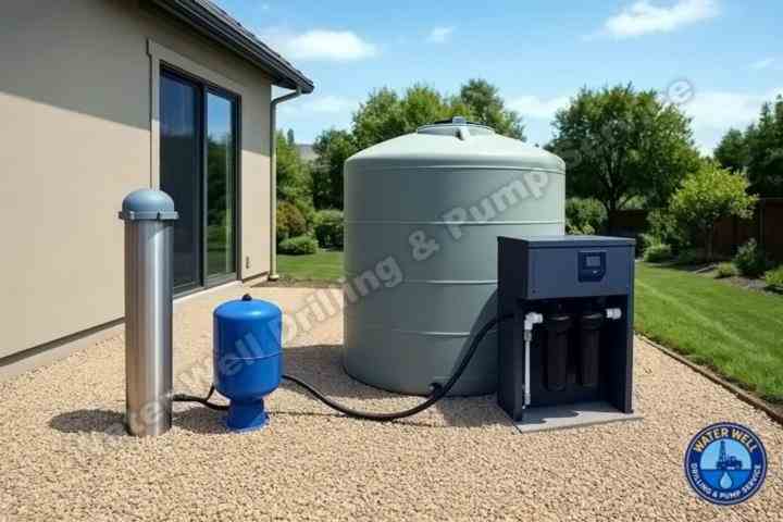 Complete residential well system with water storage tank and pump equipment in Brentwood, CA