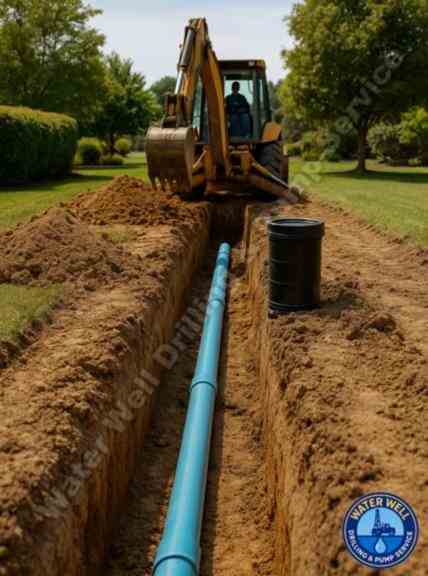 Backhoe installing water line and well casing in Brentwood, CA with fresh trench excavation