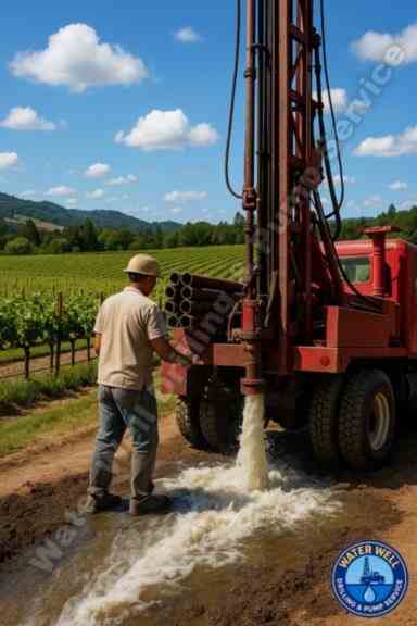 Technician operating well drilling equipment to install irrigation well system for Napa Valley vineyard