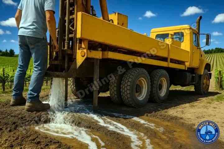 Well drilling truck extracting groundwater at new irrigation well site in Napa County, CA