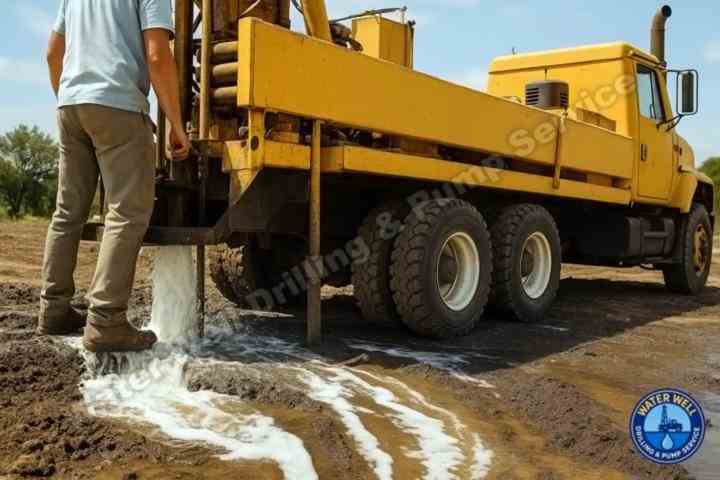 Well drilling rig pumping water during well installation in Oakland, CA