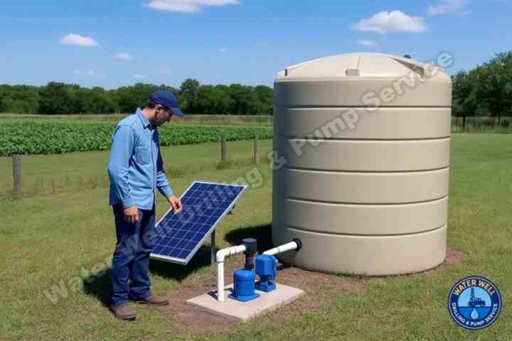 Solar-powered agricultural well pump system with water storage tank in Pleasanton, CA