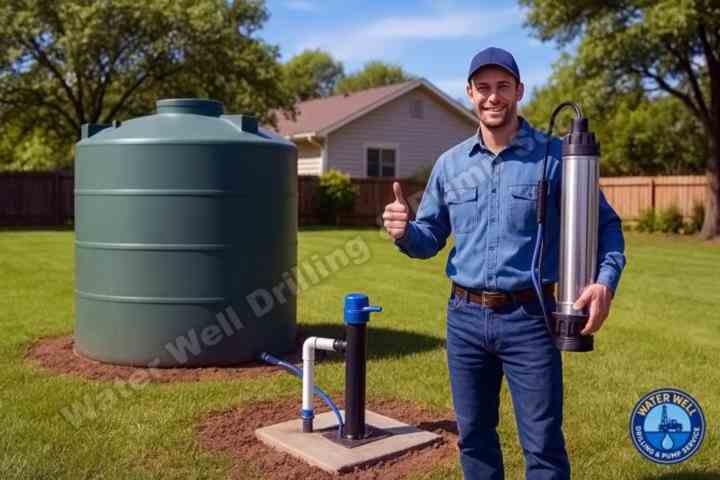 Well technician with submersible pump next to residential water storage tank in Pleasanton, CA