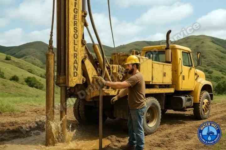Well drilling technician operating drilling rig in the hills of Marin County near San Rafael, CA