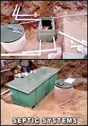 Septic tank installation showing dual-chamber system with connecting pipes and maintenance access covers in Northern California