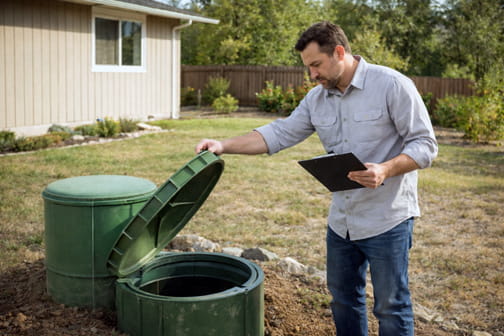 Septic system professional inspecting a residential septic tank at a Walnut Creek property