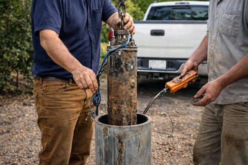Licensed well pump contractors removing a submersible well pump at a Walnut Creek property